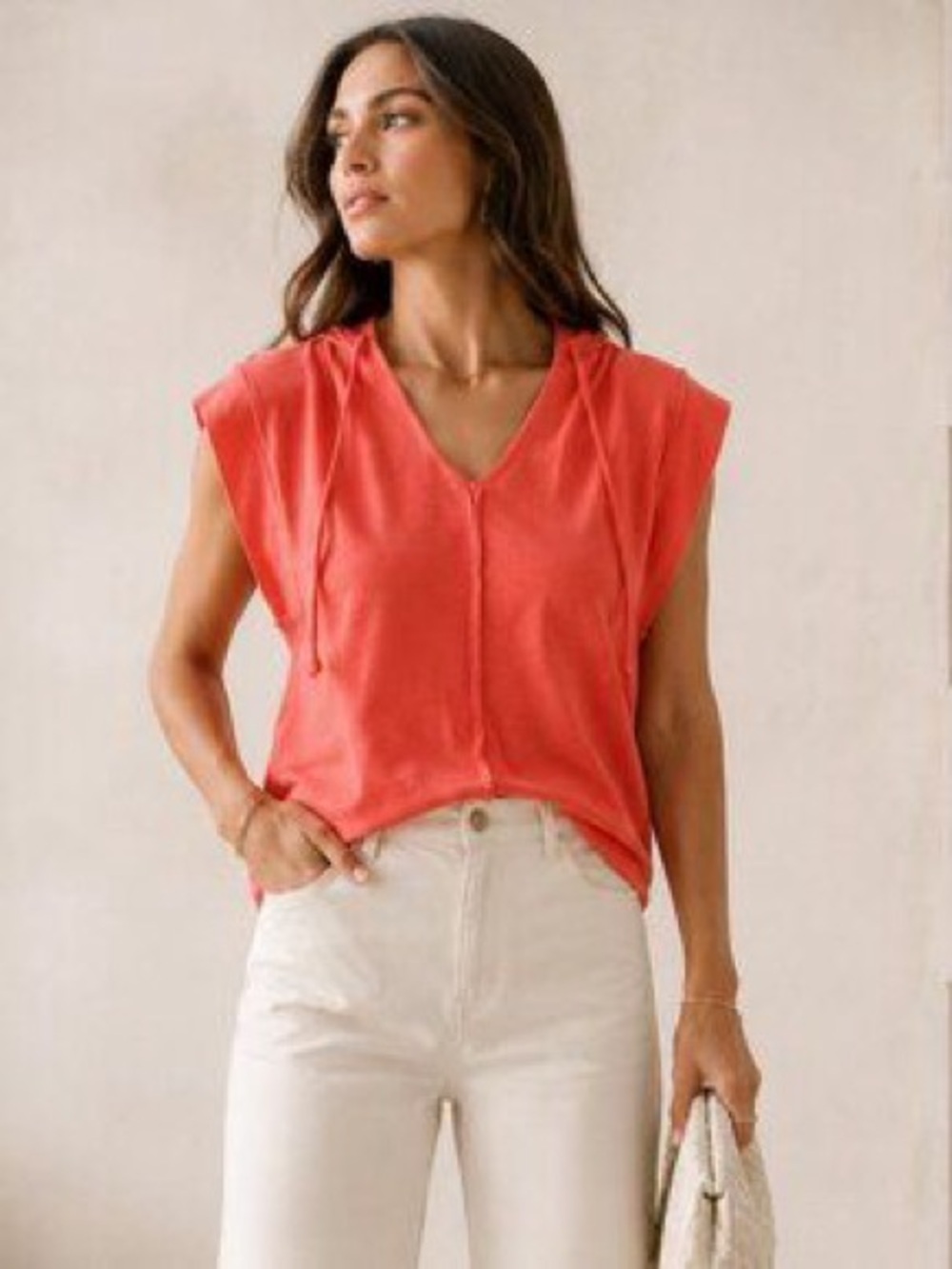 Bundle of Evereve Sleeveless V-Neck Hoodie Muscle Tees. Coral and Gray.